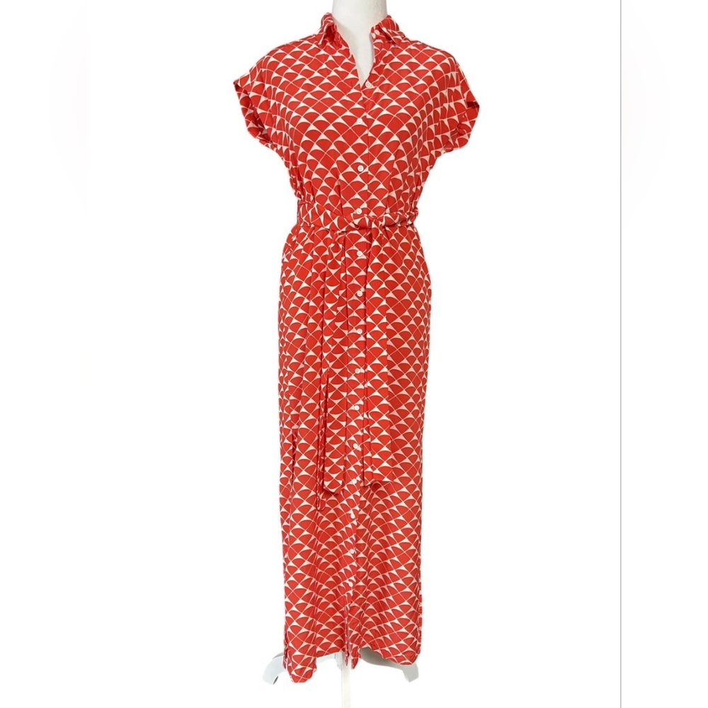 Club Monaco Maxi Silk Shirt Dress, Red White, Sz 10